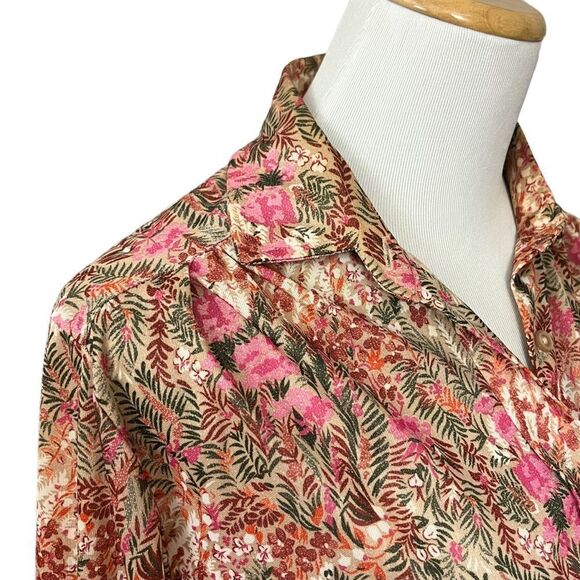 Vintage 70’s Floral Lightweight Button Down Top Tan Pink Green S - Picture 4 of 6